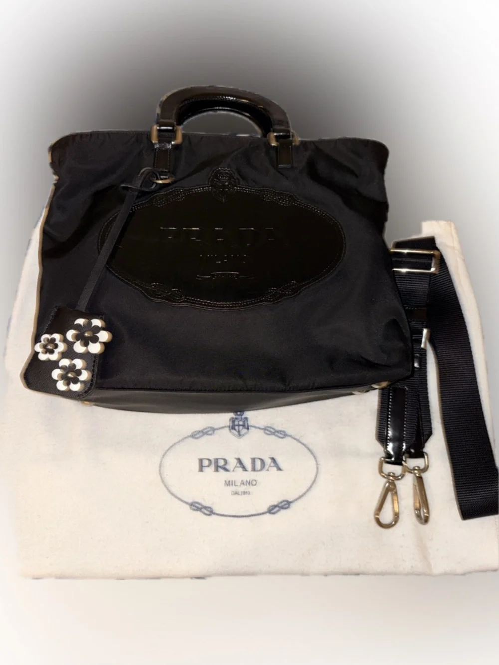 Prada Tessuto Black Nylon Tote with Patent Leather Logo Plaque and With Wallet - Picture 6 of 15
